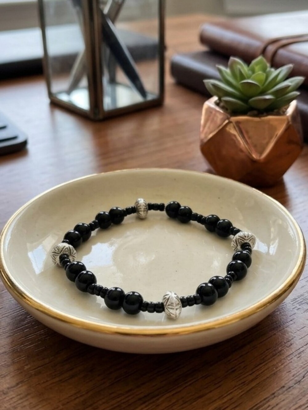 Handcrafted Black Glass Bead Bracelet With Silver Tone Accents